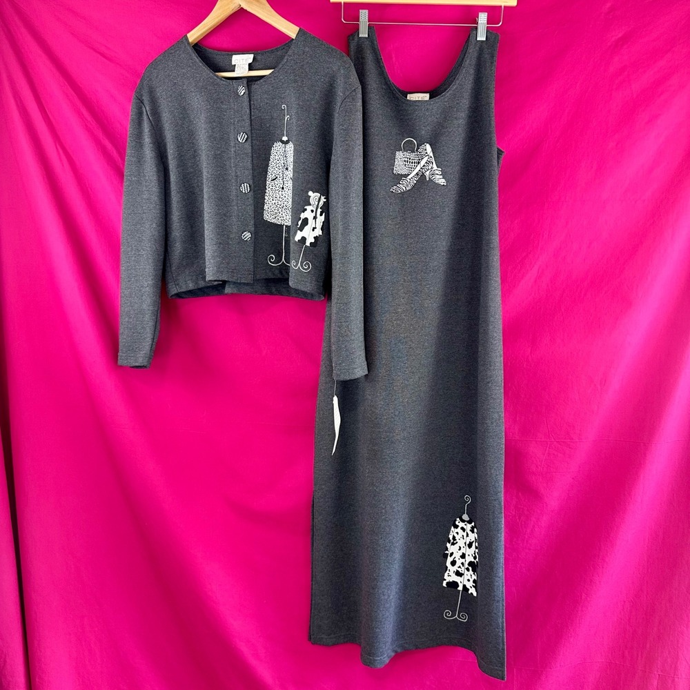 2 Piece Set Graphic Maxi Long Dress Cardigan Gray Fashion Artsy Novelty S Cite - Picture 17 of 17